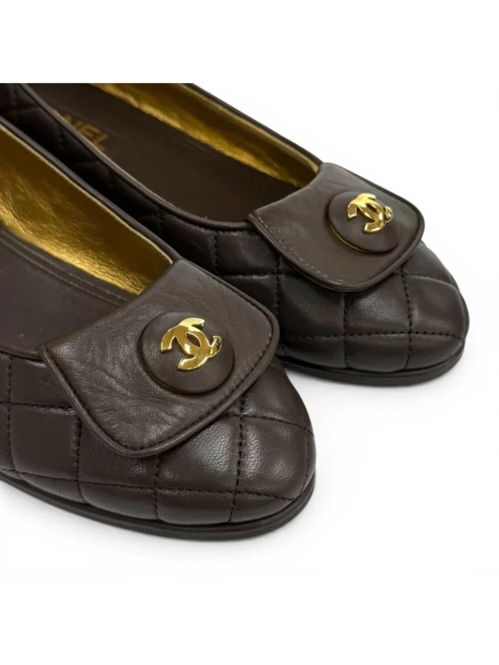 Chanel Ballerina CC Logo Quilted Ballet Shoes Brown Gold